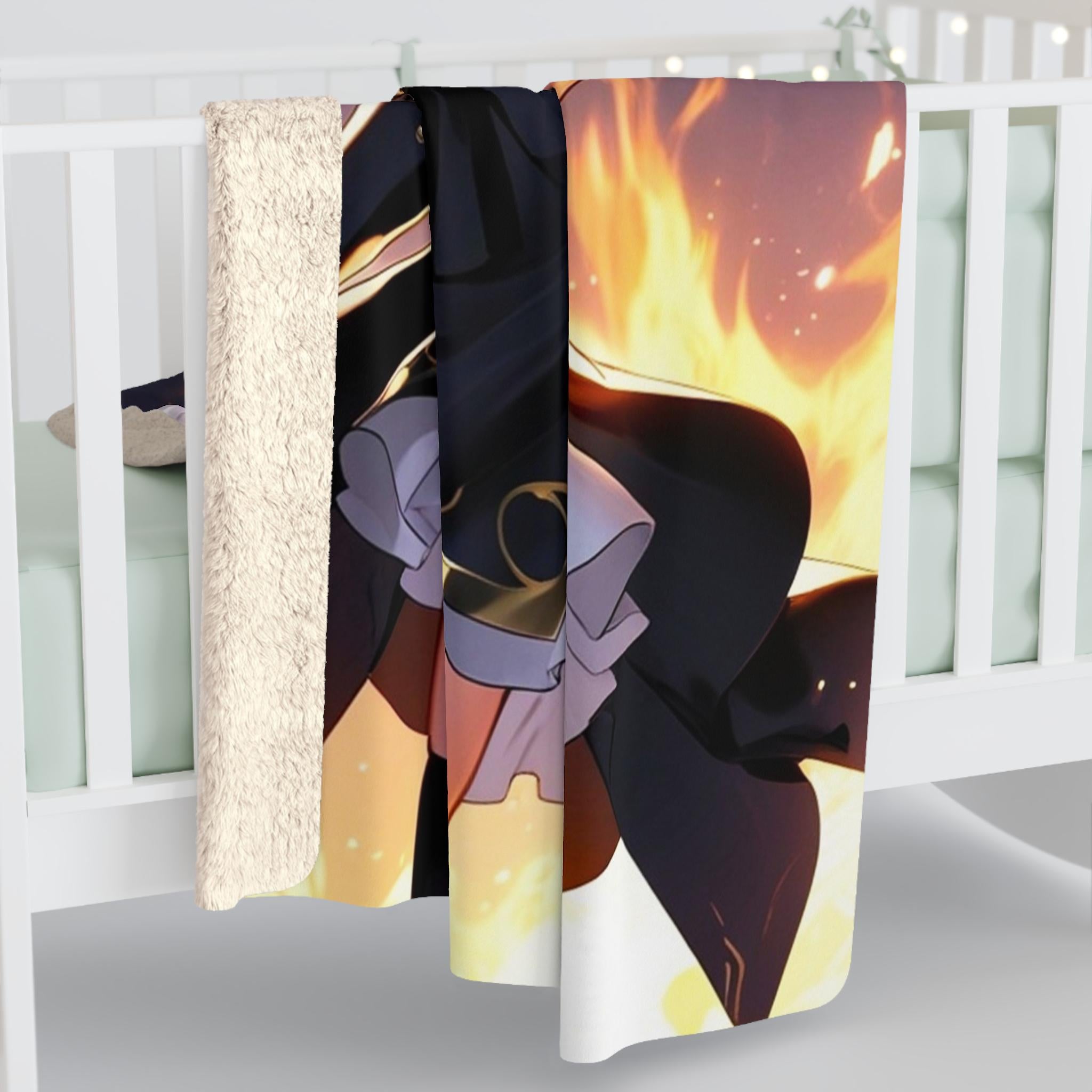 Dark Flame Sorceress Anime Sherpa Blanket 60x80 Gothic Fire Mage Gift Black Gold Magic Girl Fleece Throw | Epic Anime Home Decor