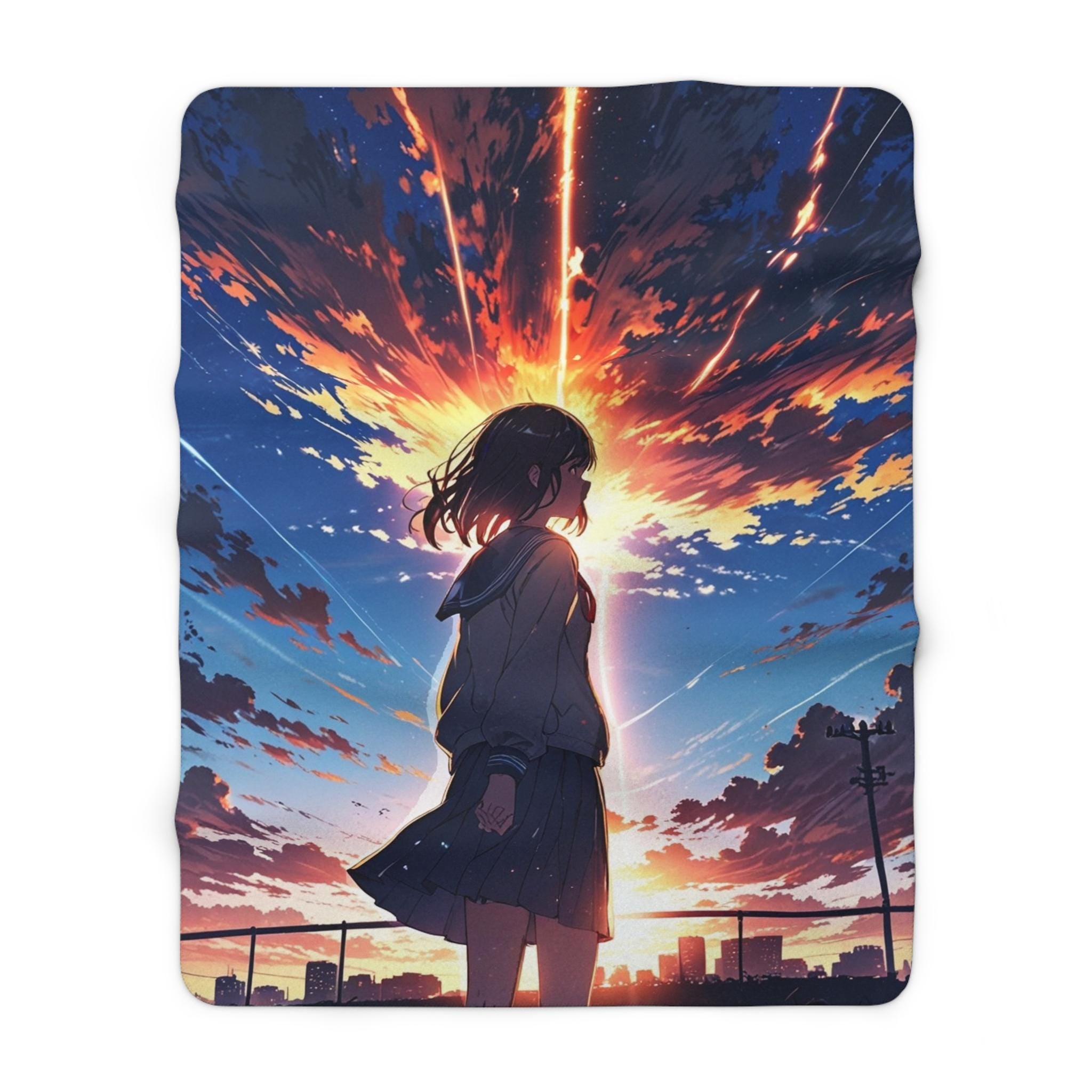 Anime Sherpa Blanket Girl Sunset Scene Cozy Fleece Throw Kawaii Manga Aesthetic Gift for Anime Lovers and Fans