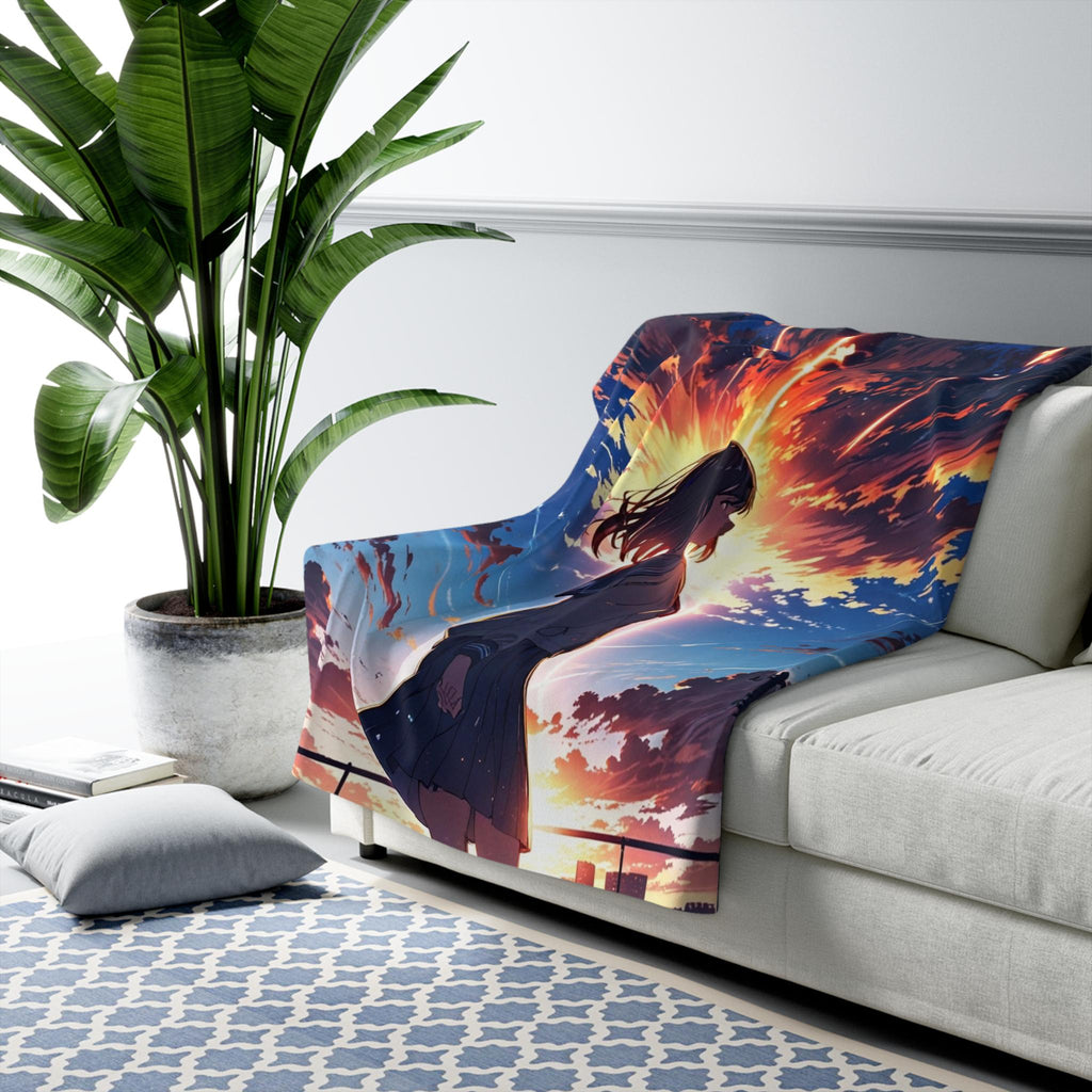 Anime Sherpa Blanket Girl Sunset Scene Cozy Fleece Throw Kawaii Manga Aesthetic Gift for Anime Lovers and Fans