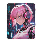 Cyberpunk Anime Girl Sherpa Blanket Pink Hair Neon Headphones Fleece Throw Gift for Gamers and Anime Lovers