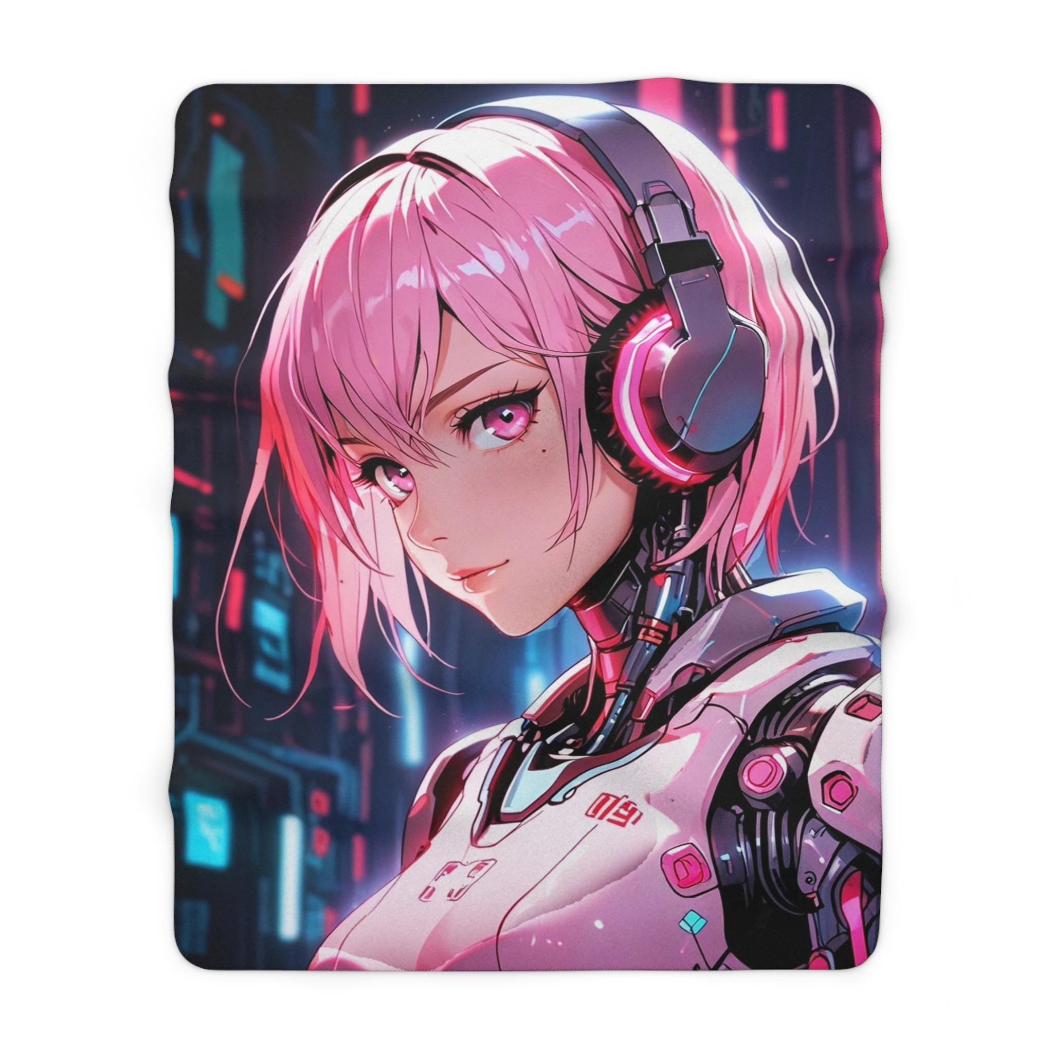 Cyberpunk Anime Girl Sherpa Blanket Pink Hair Neon Headphones Fleece Throw Gift for Gamers and Anime Lovers