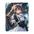 Anime Catgirl Sherpa Blanket Cyber Maid with Robotic Arm Fleece Throw Futuristic Anime Blanket Gift for Otaku and Cosplayers