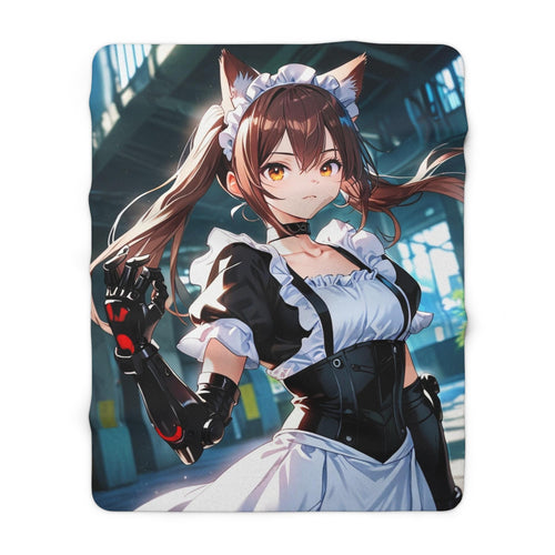 Anime Catgirl Sherpa Blanket Cyber Maid with Robotic Arm Fleece Throw Futuristic Anime Blanket Gift for Otaku and Cosplayers