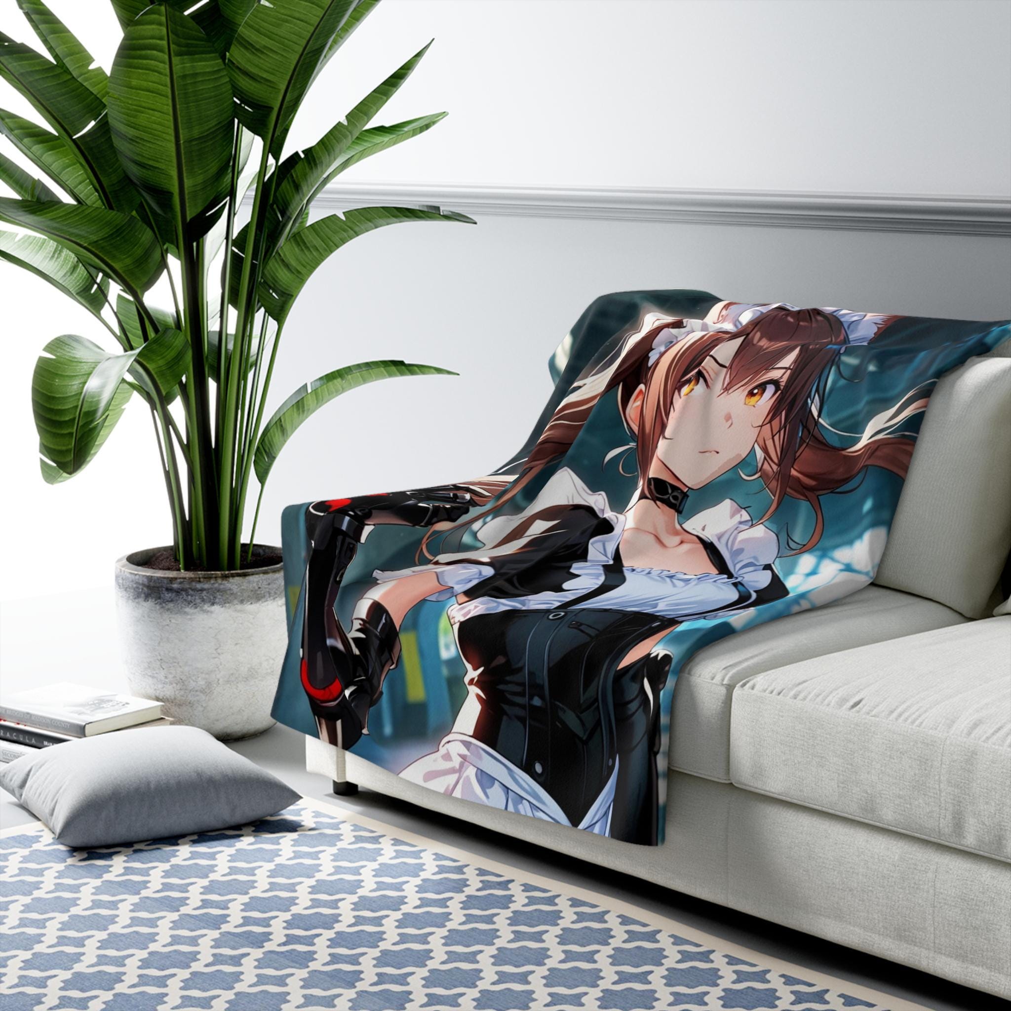 Anime Catgirl Sherpa Blanket Cyber Maid with Robotic Arm Fleece Throw Futuristic Anime Blanket Gift for Otaku and Cosplayers