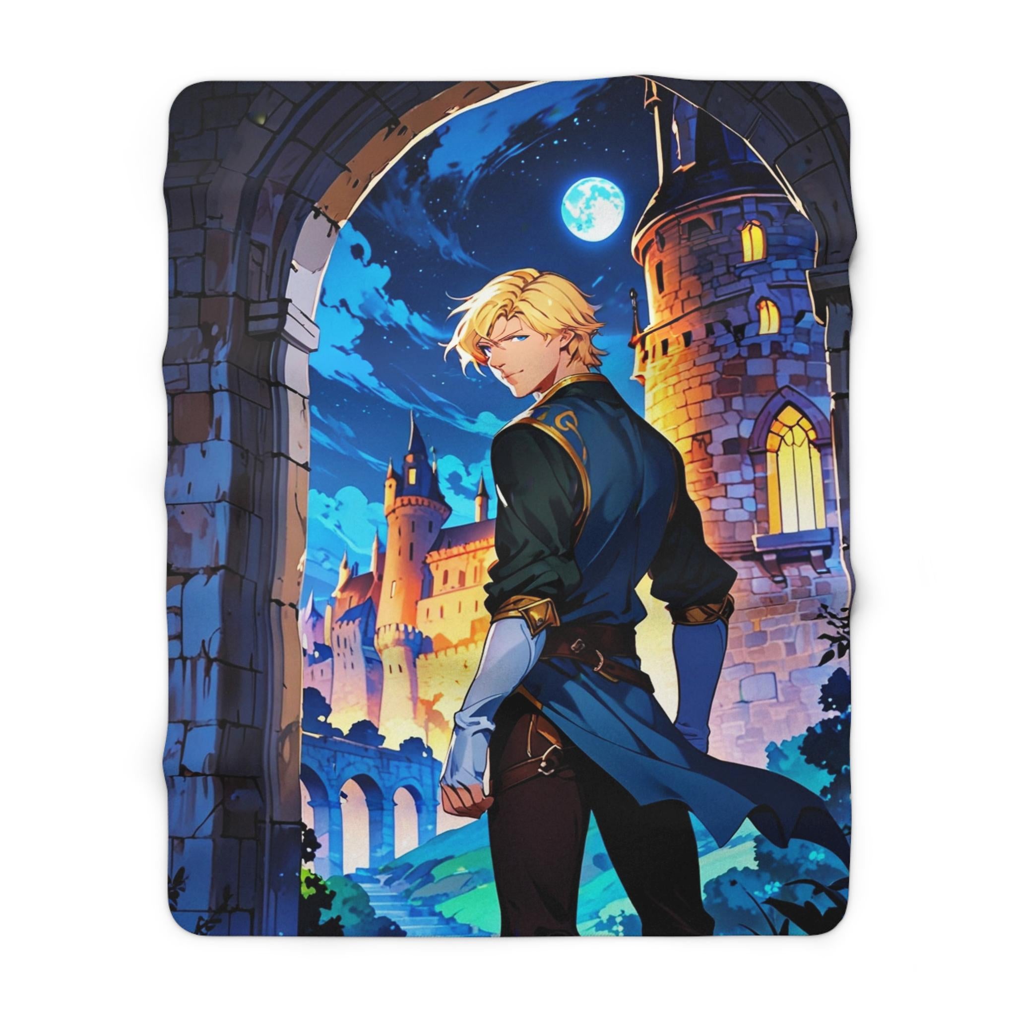 Anime Prince Sherpa Blanket Castle Fantasy Fleece Throw Moonlit Sky Scene Gift for Anime Fans and Fantasy Lovers