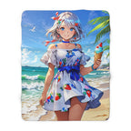 Kawaii Beach Girl Sherpa Blanket Summer Anime Fleece Throw Strawberry Dress Ice Cream Scene Gift for Anime Fans