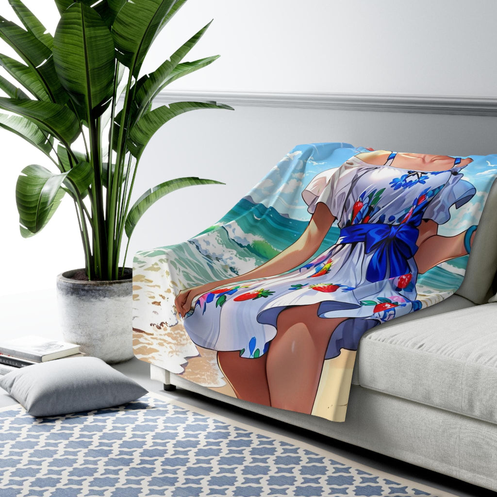 Kawaii Beach Girl Sherpa Blanket Summer Anime Fleece Throw Strawberry Dress Ice Cream Scene Gift for Anime Fans