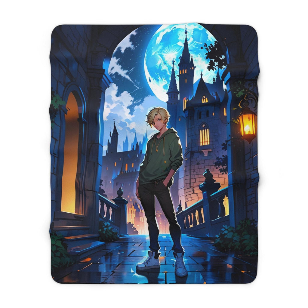 Anime  Boy Sherpa Blanket Blue Moon Fantasy Castle Fleece Throw Urban Fantasy Gift for Anime and Gamer Fans