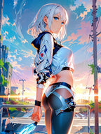 Futuristic Anime Girl Sherpa Blanket White Hair Blade Warrior Fleece Throw Neon City Sunset Gift for Anime and Gamer Fans