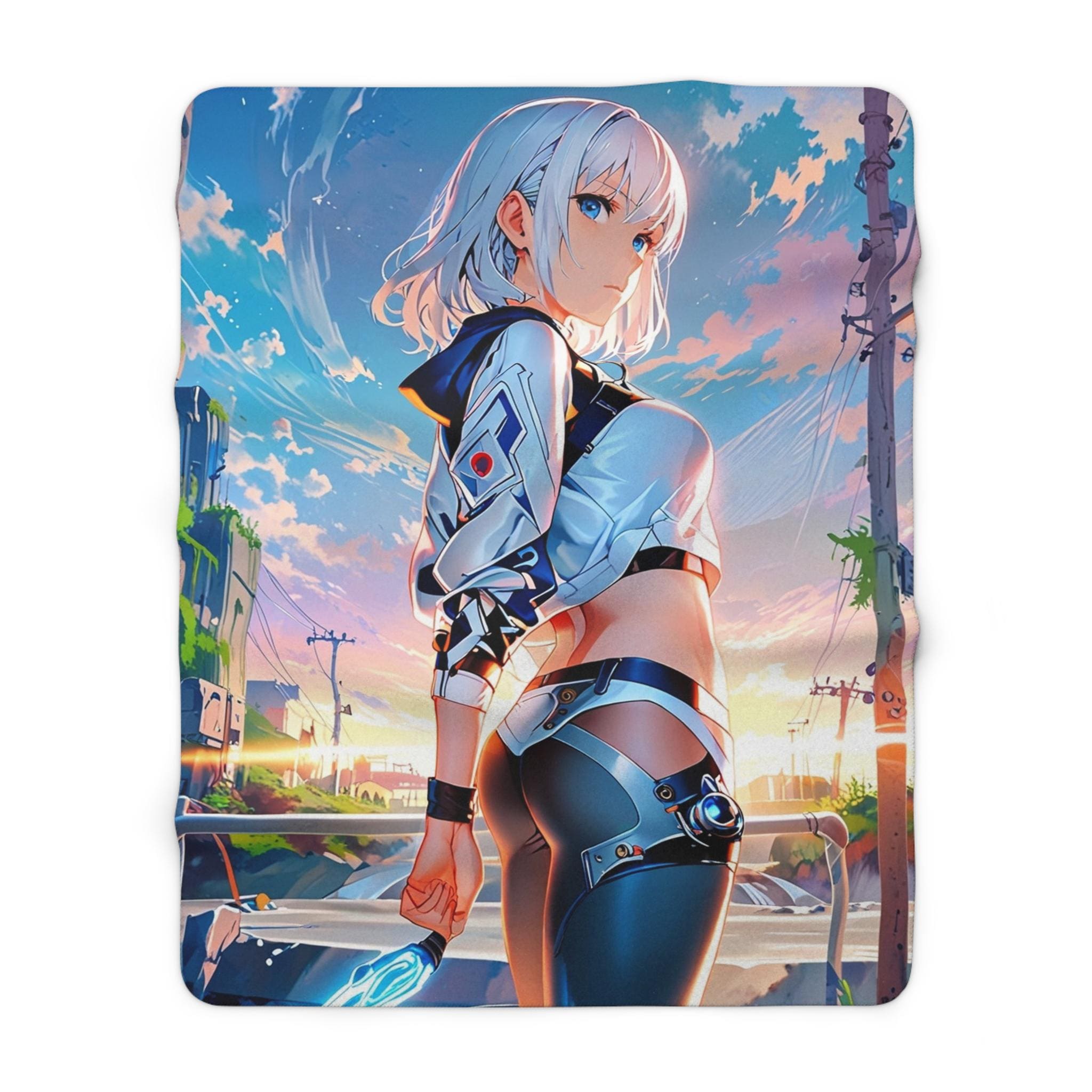 Futuristic Anime Girl Sherpa Blanket White Hair Blade Warrior Fleece Throw Neon City Sunset Gift for Anime and Gamer Fans