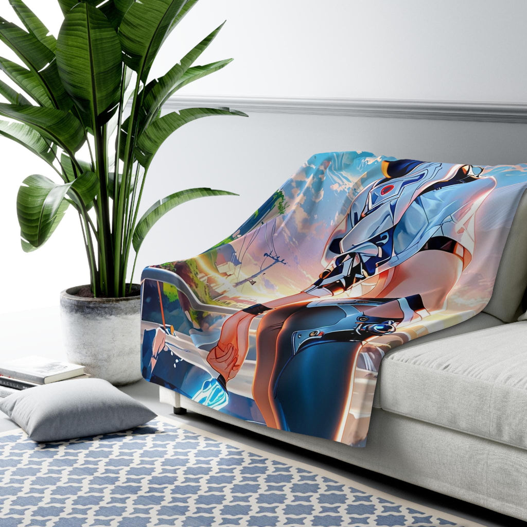 Futuristic Anime Girl Sherpa Blanket White Hair Blade Warrior Fleece Throw Neon City Sunset Gift for Anime and Gamer Fans