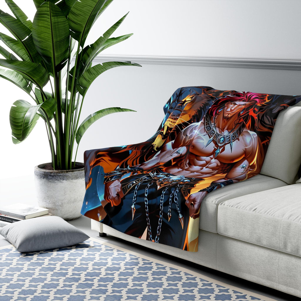 Lion Warrior Anime Blanket, Fierce Beastmaster Sherpa Throw for Anime Fans, Fantasy Lovers, and Gamers