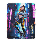 Anime Cyberpunk Girl Sherpa Blanket Neon Glow Techwear Gift for Gamers and Anime Fans