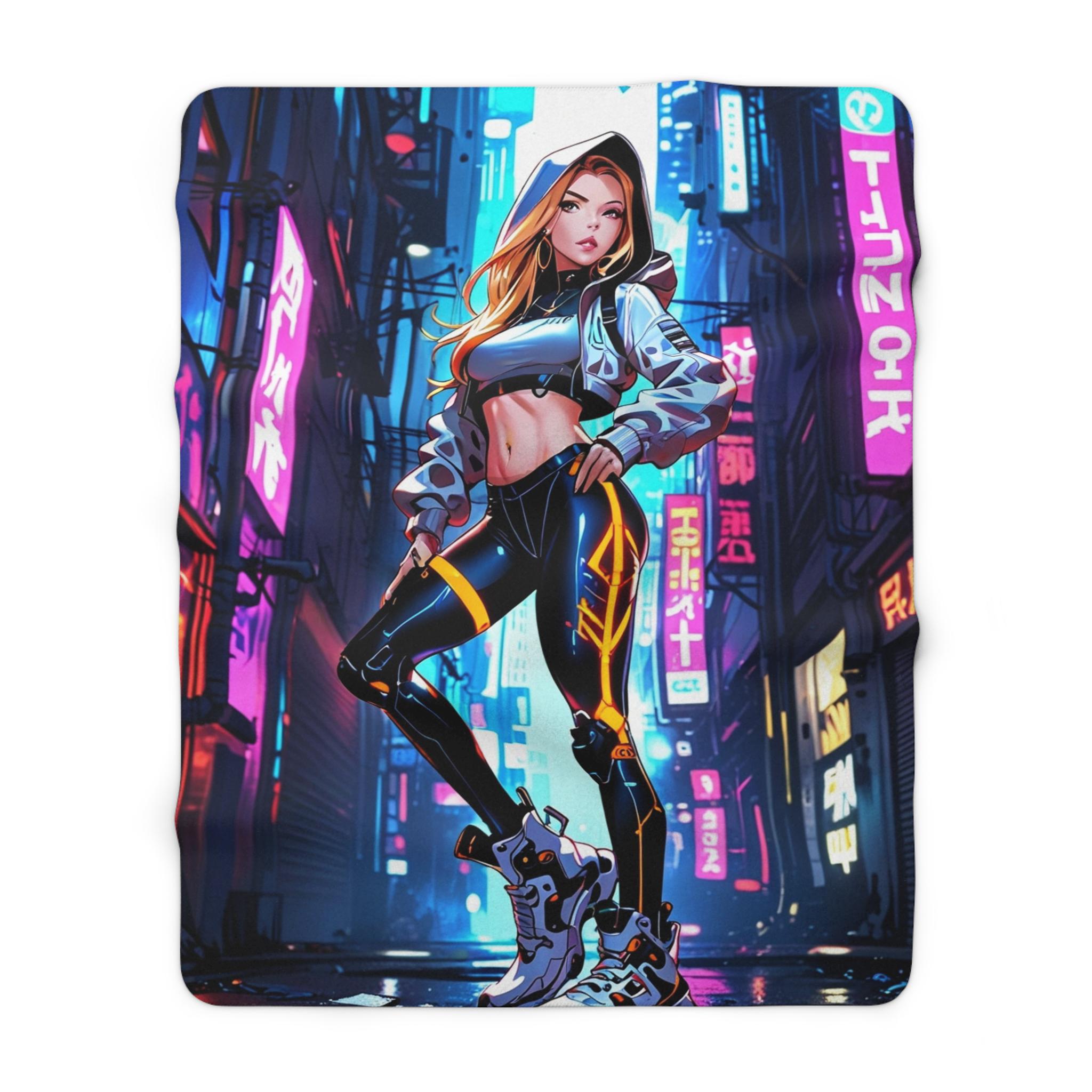 Anime Cyberpunk Girl Sherpa Blanket Neon Glow Techwear Gift for Gamers and Anime Fans