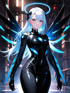 Cyber Angel Sherpa Blanket Neon Anime Techwear Futuristic Guardian Art Gift for Anime Fans