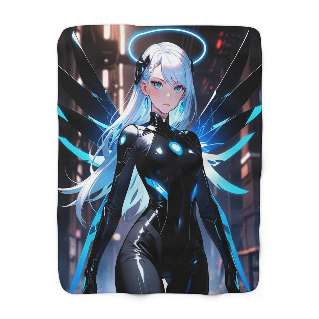 Cyber Angel Sherpa Blanket Neon Anime Techwear Futuristic Guardian Art Gift for Anime Fans