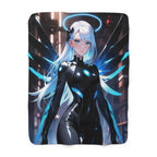 Cyber Angel Sherpa Blanket Neon Anime Techwear Futuristic Guardian Art Gift for Anime Fans