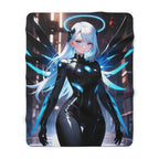 Cyber Angel Sherpa Blanket Neon Anime Techwear Futuristic Guardian Art Gift for Anime Fans