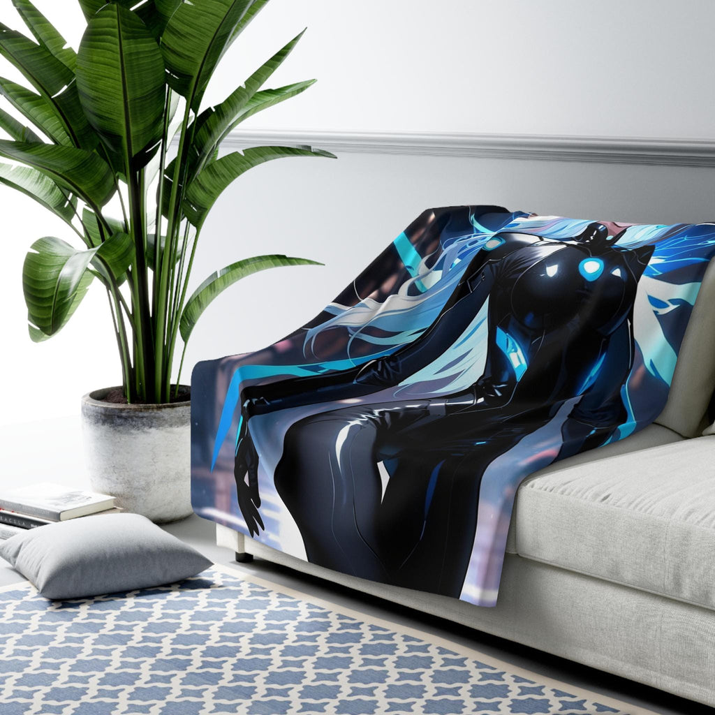 Cyber Angel Sherpa Blanket Neon Anime Techwear Futuristic Guardian Art Gift for Anime Fans