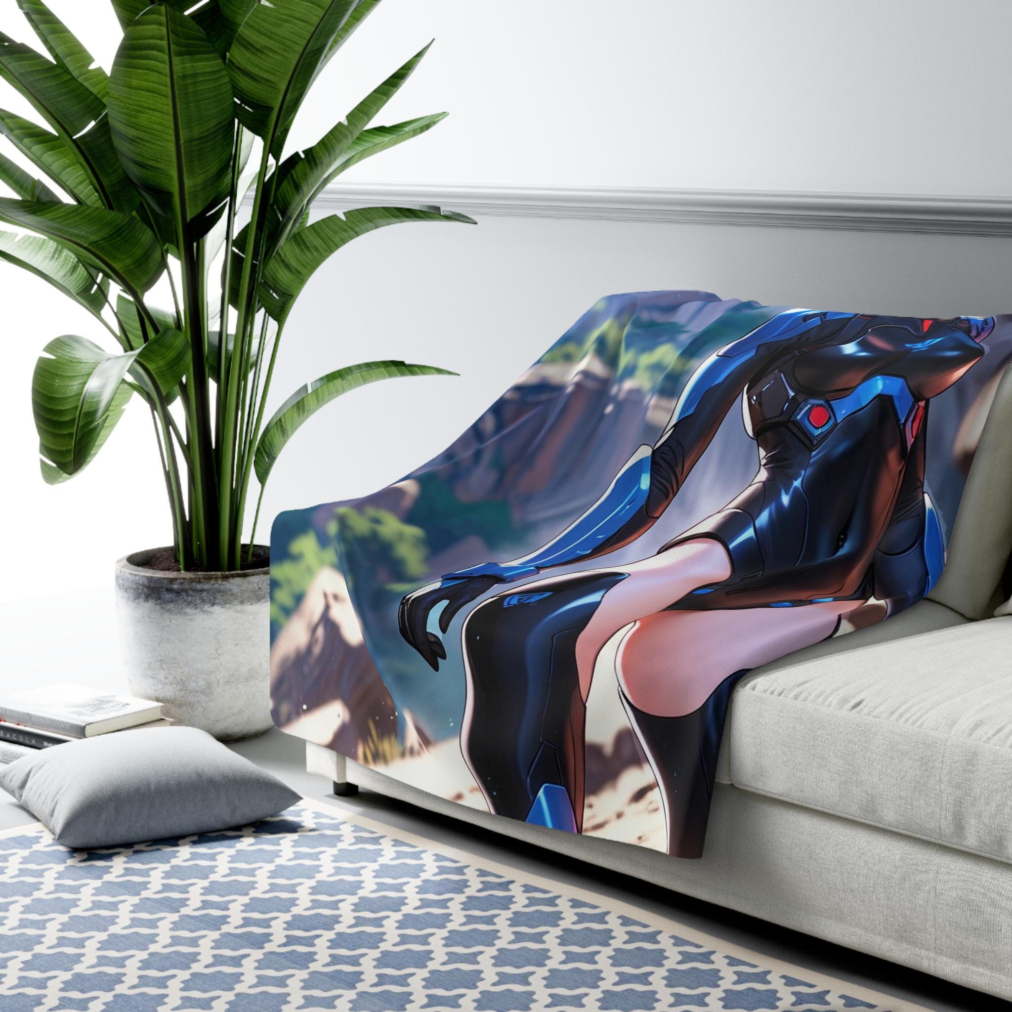 Anime Sci Fi Girl Blanket Blue Tech Armor Sherpa Throw Futuristic Warrior Art Cozy Gift for Anime Lovers and Gamers