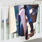 Anime Sci Fi Girl Blanket Blue Tech Armor Sherpa Throw Futuristic Warrior Art Cozy Gift for Anime Lovers and Gamers