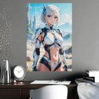 Anime Sci Fi Warrior Poster White Hair Girl Wall Art Futuristic Armor Blue Sky Landscape Gift for Anime Fans and Gamers