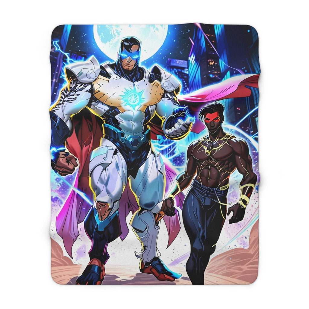 Superhero Couple Sherpa Blanket LGBTQ Anime Style Comic Heroes Cozy Fleece Gift Futuristic Glow Cape Armor Power Love Scene