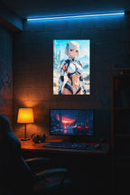 Anime Sci Fi Warrior Poster White Hair Girl Wall Art Futuristic Armor Blue Sky Landscape Gift for Anime Fans and Gamers