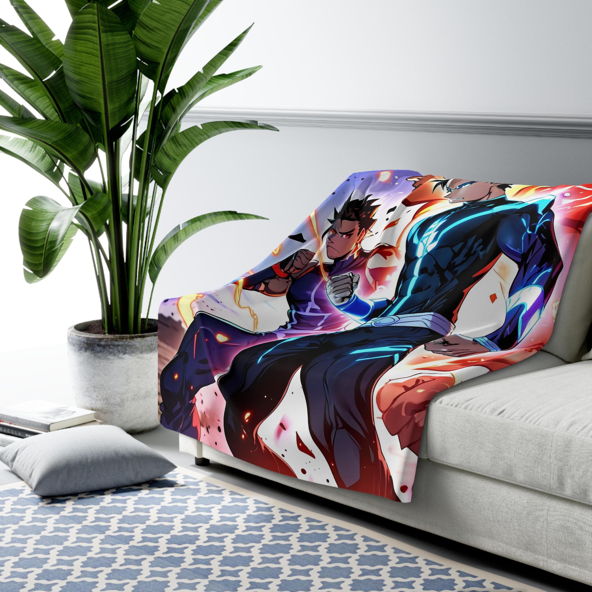 Anime Brothers Sherpa Blanket Superpower Glow Fleece Throw Trio Energy Burst Hero Scene Gift for Gamers and Anime Fans