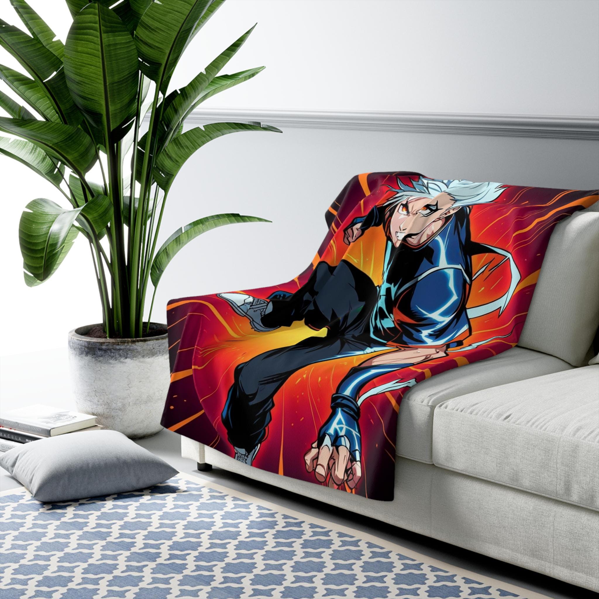 Lightning Kick Anime Sherpa Blanket Neon Glow Fighter Throw Electric Hero Fleece Gift for Gamers and Anime Fans