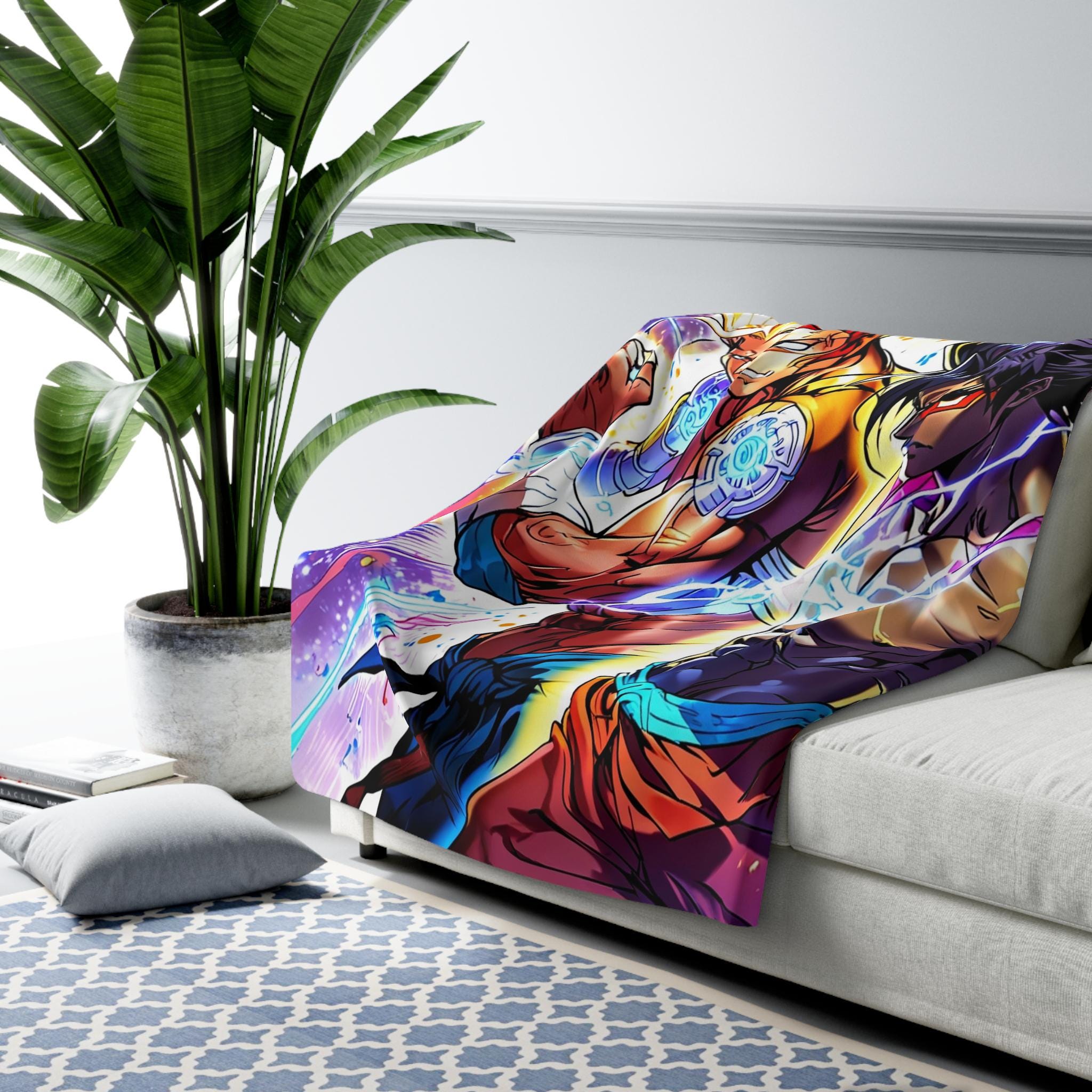 Anime Duo Sherpa Blanket Fire and Lightning Warriors Gift for Anime Fans Cozy Gaming Decor Bold Battle Art