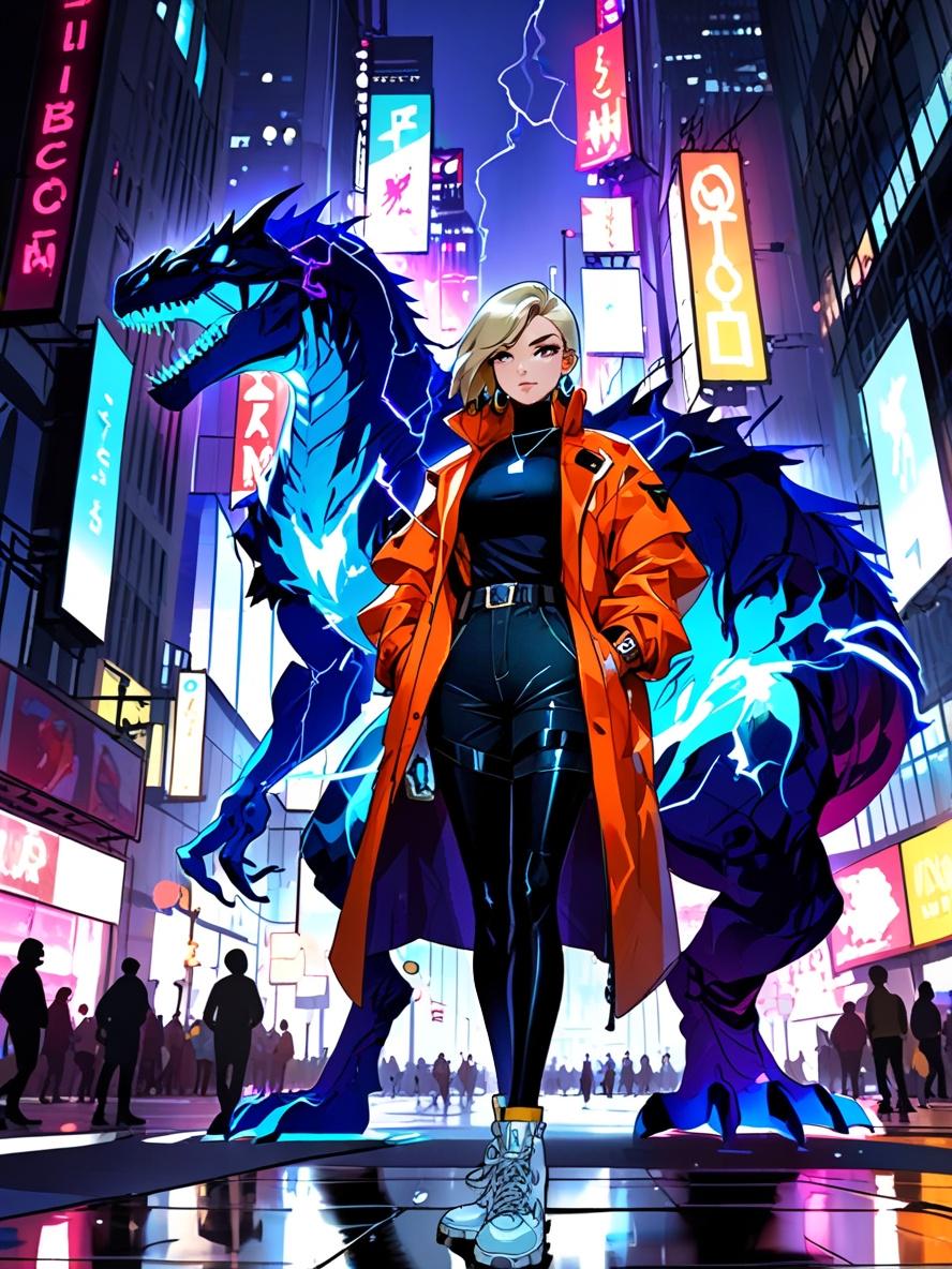Blonde Cyberpunk Dragon Girl Sherpa Blanket Neon Lightning Streetwear Anime Throw for Gamers and Futuristic Fantasy Fans