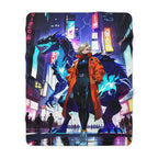 Blonde Cyberpunk Dragon Girl Sherpa Blanket Neon Lightning Streetwear Anime Throw for Gamers and Futuristic Fantasy Fans
