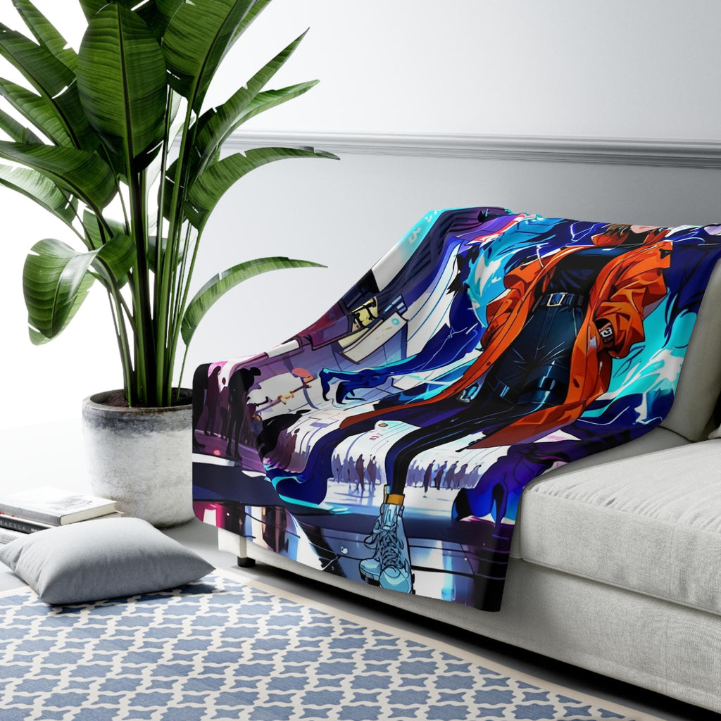 Blonde Cyberpunk Dragon Girl Sherpa Blanket Neon Lightning Streetwear Anime Throw for Gamers and Futuristic Fantasy Fans