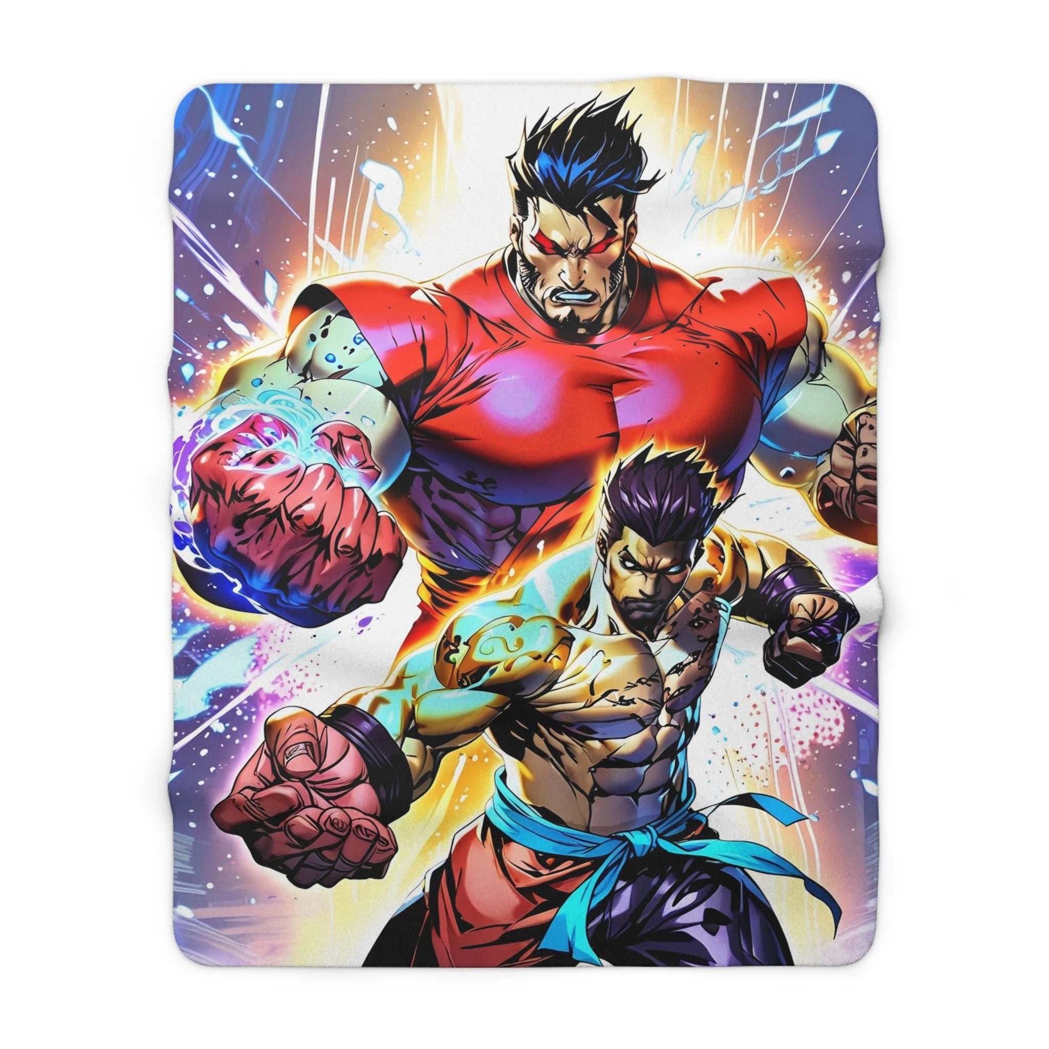 Epic Fighter Duo Sherpa Blanket, Neon Glow Anime Throw | Streetwear Style | Gamer Gift, Fighter Decor, Brawler Blanket | Epic Anime Apparel