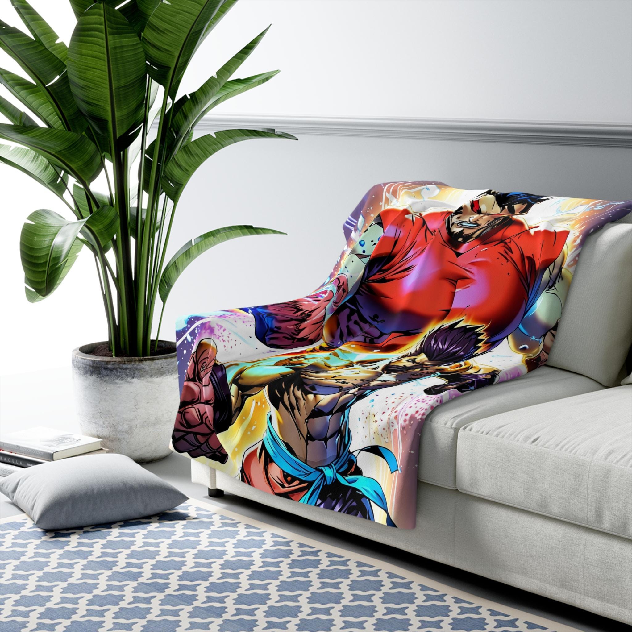 Epic Fighter Duo Sherpa Blanket, Neon Glow Anime Throw | Streetwear Style | Gamer Gift, Fighter Decor, Brawler Blanket | Epic Anime Apparel