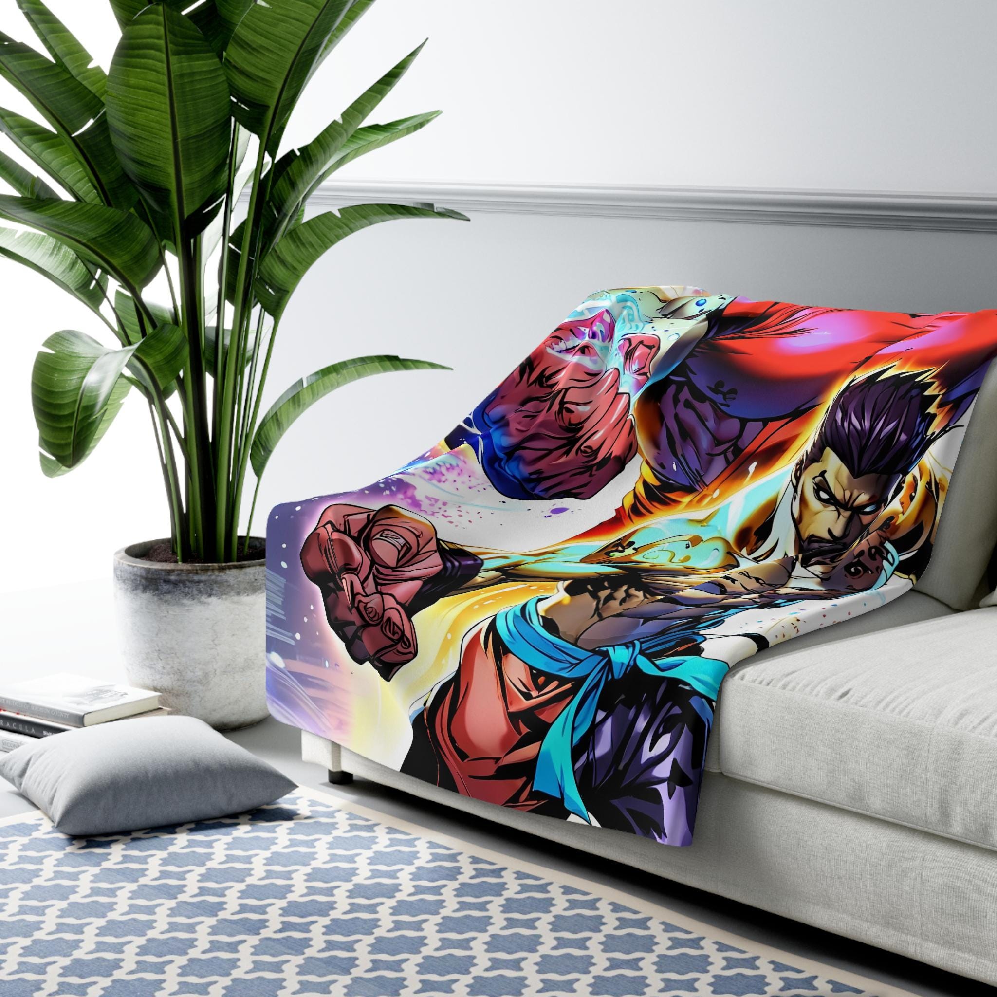 Epic Fighter Duo Sherpa Blanket, Neon Glow Anime Throw | Streetwear Style | Gamer Gift, Fighter Decor, Brawler Blanket | Epic Anime Apparel