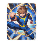 Anime Hero Sherpa Blanket Blue Suit Lightning Fist Punch Superpower Fleece Throw Gift for Anime Lovers and Gamers