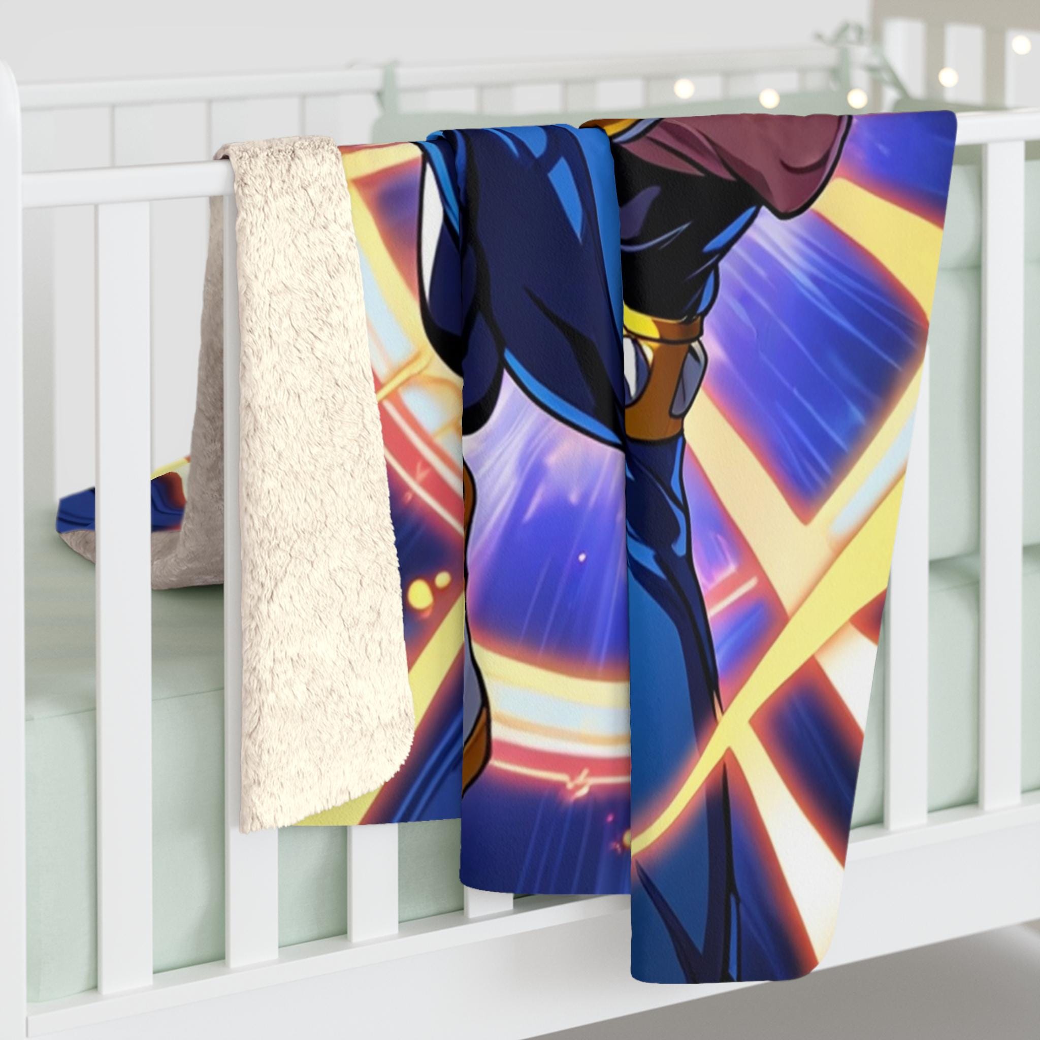 Anime Hero Sherpa Blanket Yellow Star Punch Muscular Fighter Fleece Throw Gift for Anime Lovers and Gamers