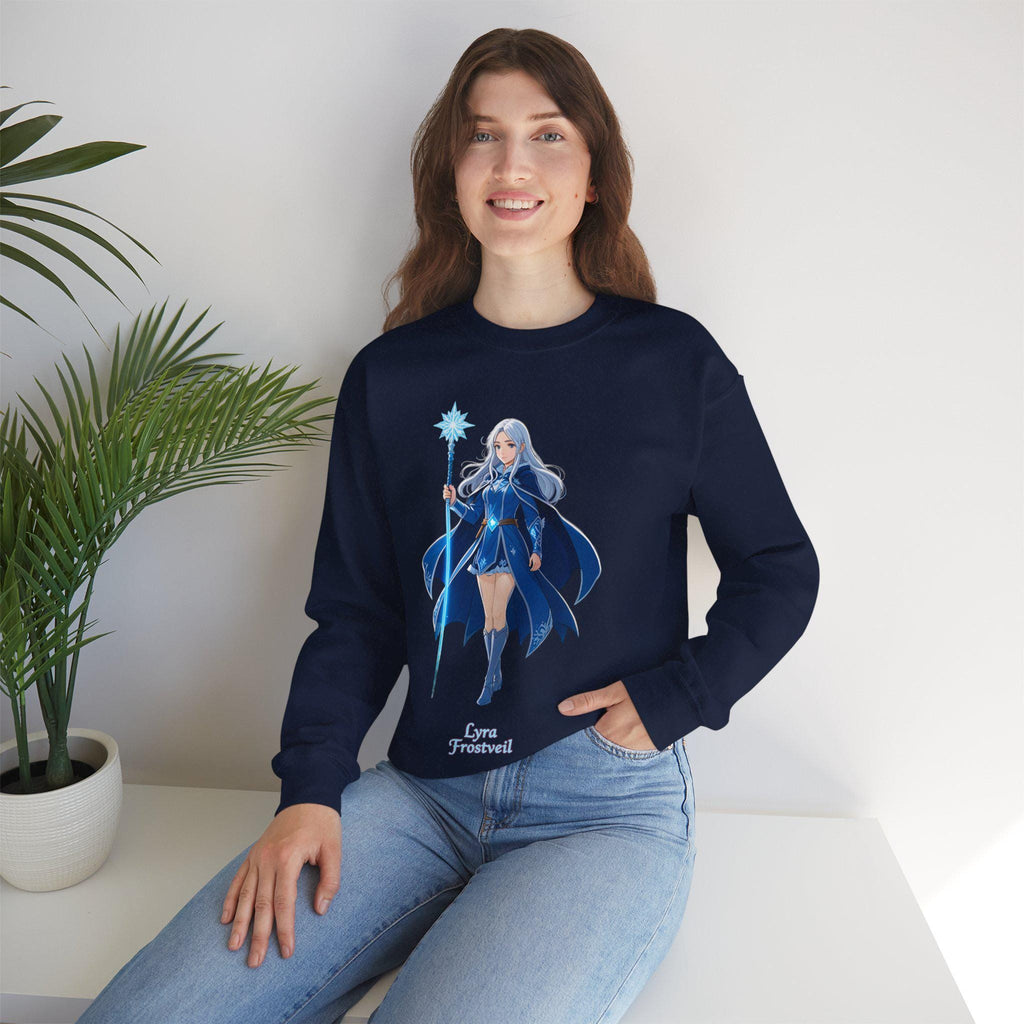 Lyra Frostfeil Ice Sorceress Anime Sweatshirt Royal Blue Magical Girl Frost Mage Gift for Anime Fans Fantasy Streetwear Winter Gamer Apparel