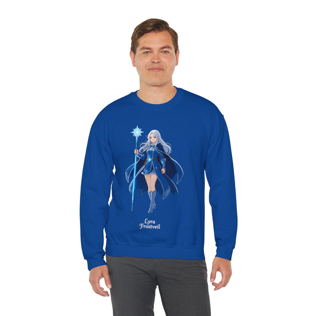 Lyra Frostfeil Ice Sorceress Anime Sweatshirt Royal Blue Magical Girl Frost Mage Gift for Anime Fans Fantasy Streetwear Winter Gamer Apparel
