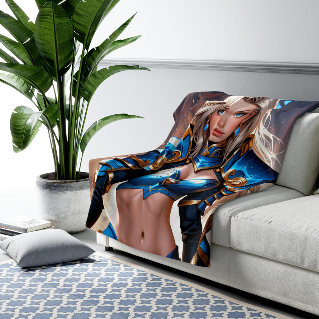 Blue Anime Warrior Sherpa Blanket Strong Fantasy Girl Throw Armor Magic Gift for Anime Fans and Gamers