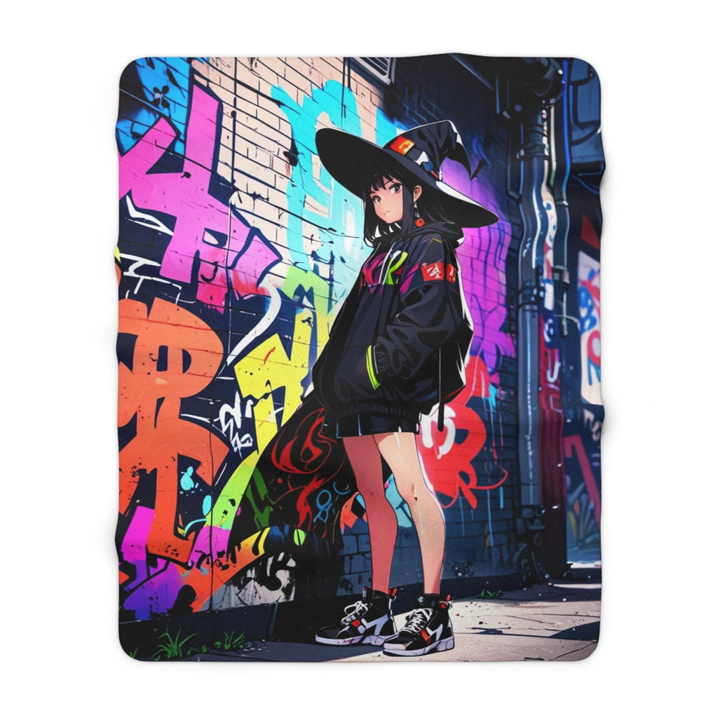 Anime Witch Sherpa Blanket Urban Streetwear Magic Girl Throw Halloween Cozy Gift for Anime Fans and Gamers