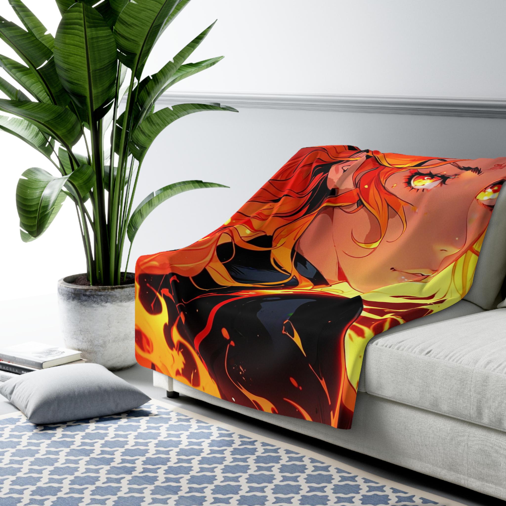 Fire Anime Girl Sherpa Blanket Flame Glow Cozy Warm Throw Gift for Anime Lovers and Gamers