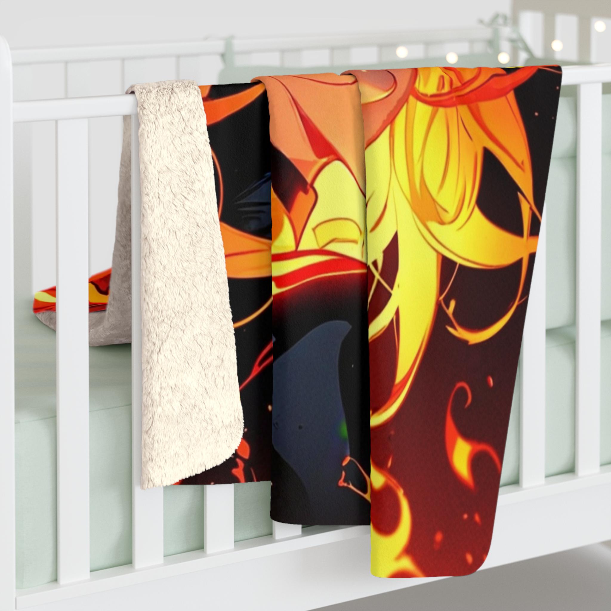 Fire Anime Girl Sherpa Blanket Flame Glow Cozy Warm Throw Gift for Anime Lovers and Gamers