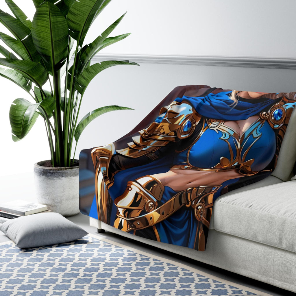 Anime Warrior Sherpa Blanket Royal Paladin Fantasy Throw Blanket Blue Gold Armor Girl Cozy Sherpa Gift fo