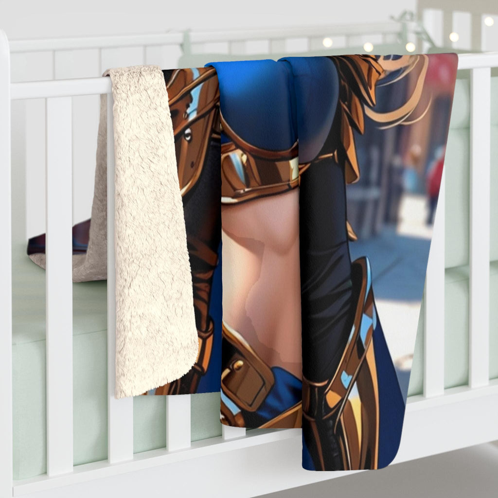 Anime Warrior Sherpa Blanket Royal Paladin Fantasy Throw Blanket Blue Gold Armor Girl Cozy Sherpa Gift fo
