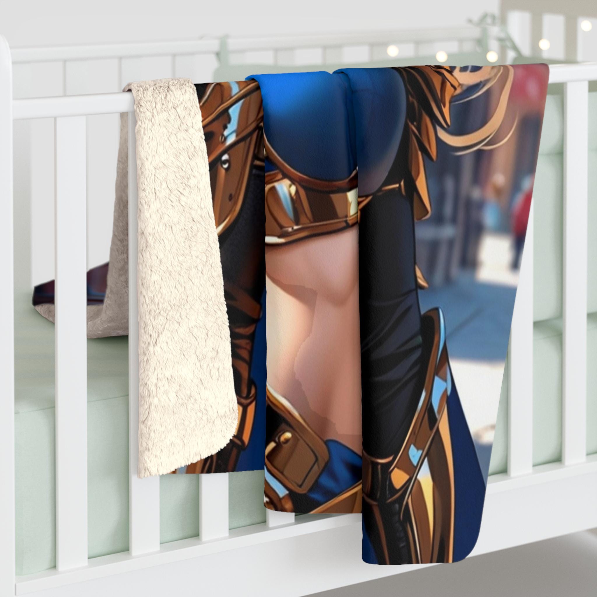 Anime Warrior Sherpa Blanket Royal Paladin Fantasy Throw Blanket Blue Gold Armor Girl Cozy Sherpa Gift fo