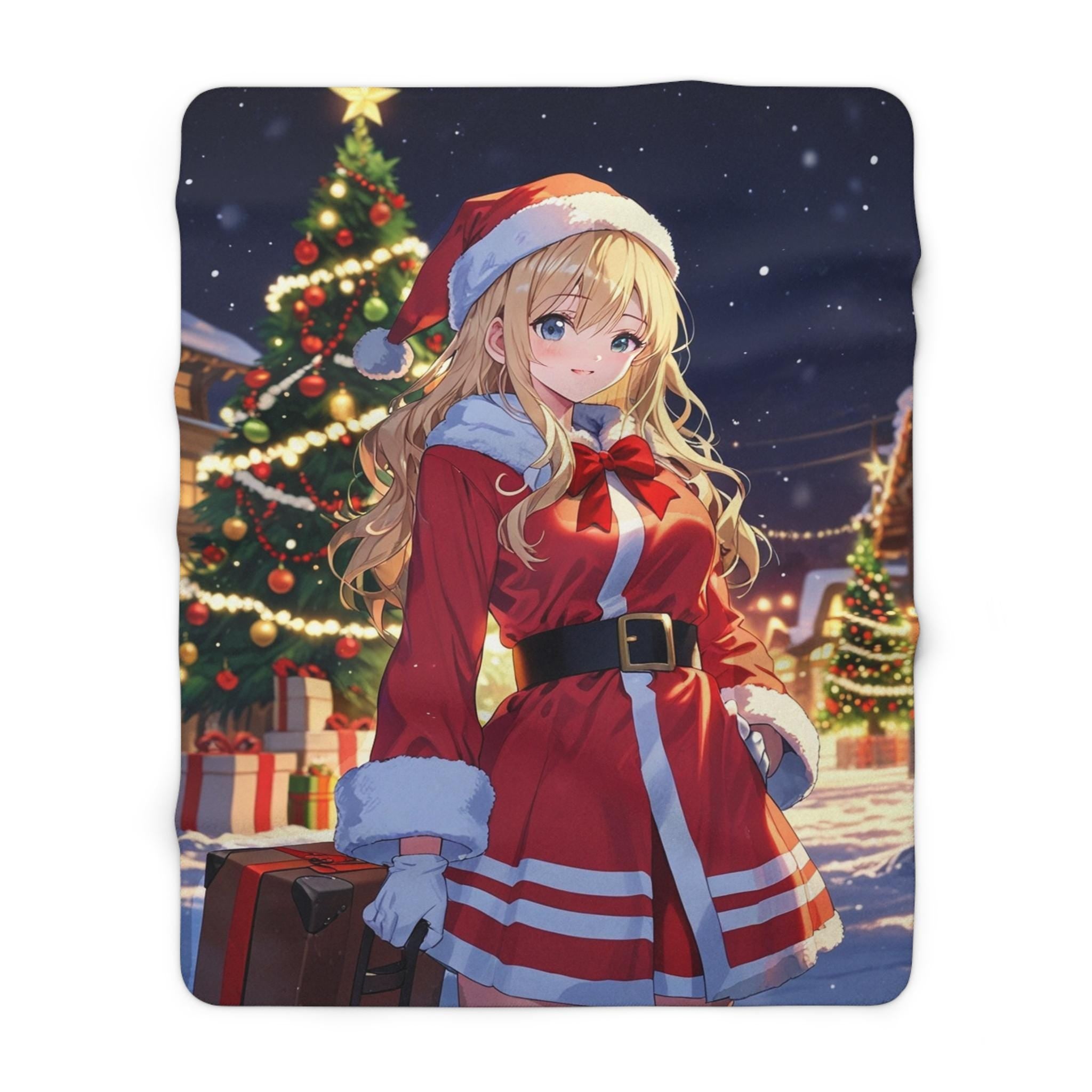 Anime Christmas Girl Sherpa Blanket Kawaii Santa Throw Blanket Cute Holiday Decor Cozy Winter Gift for Anime Lovers and Gamers