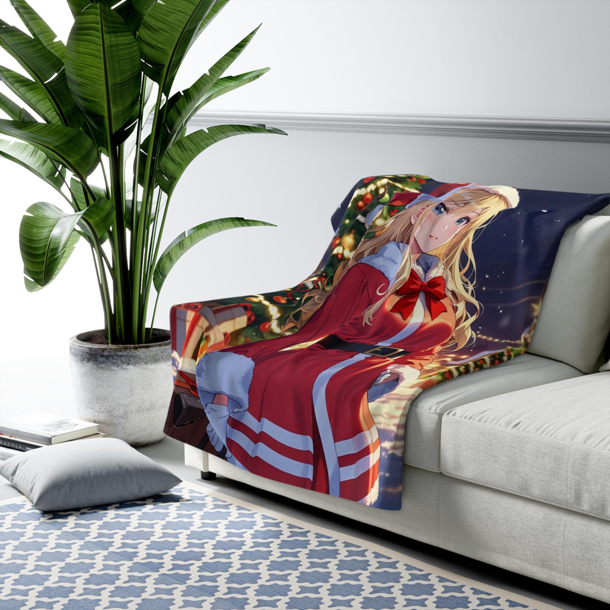 Anime Christmas Girl Sherpa Blanket Kawaii Santa Throw Blanket Cute Holiday Decor Cozy Winter Gift for Anime Lovers and Gamers